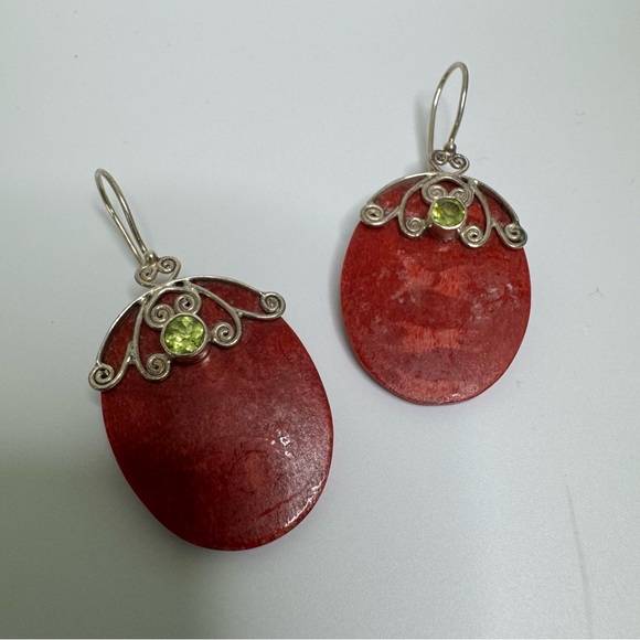 Coral and Peridot Sterling Silver Earrings Oval 925 Scrolled Hook Wires Bohemian - Picture 2 of 13